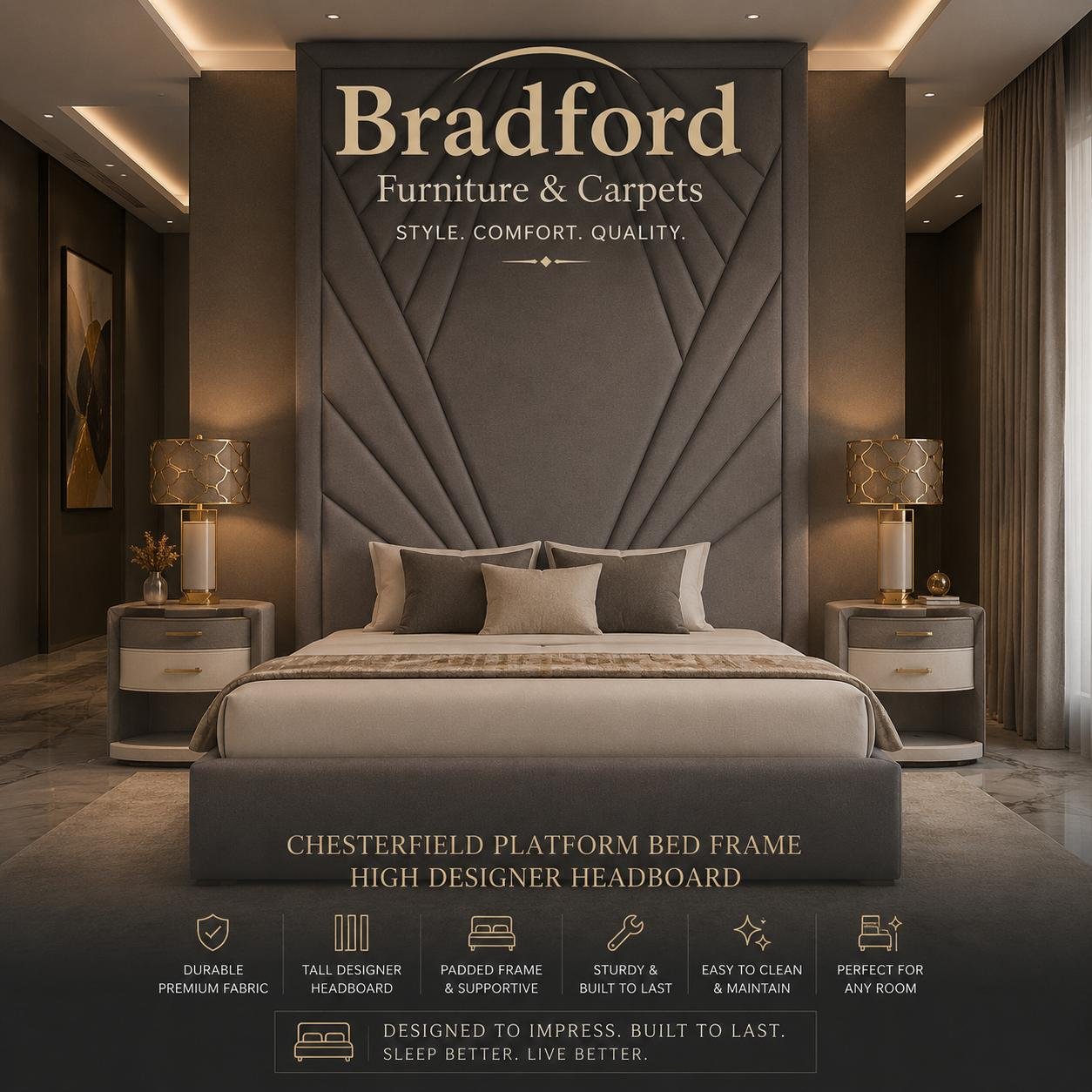 Chesterfield Platform Bed Frame High Designer Headboard