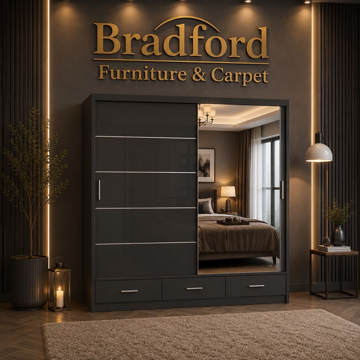 Florence Sliding High Gloss Wardrobe -Grey-Black-White