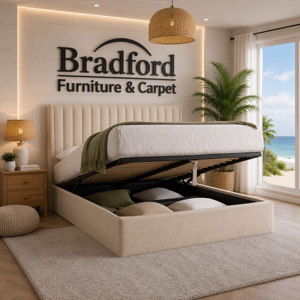 Harper Natural Fabric Winged Ottoman Storage Bed Frame