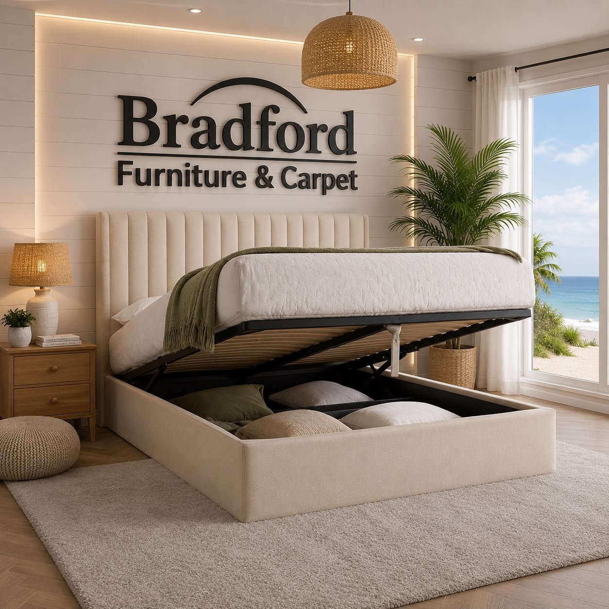 Harper Natural Fabric Winged Ottoman Storage Bed Frame