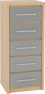 Seville 5 Drawer Narrow Chest in Grey High Gloss/Light Oak Effect Veneer - Image 2