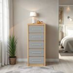 Seville 5 Drawer Narrow Chest in Grey High Gloss/Light Oak Effect Veneer