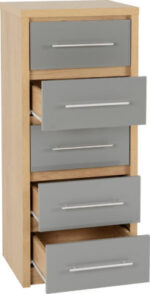 Seville 5 Drawer Narrow Chest in Grey High Gloss/Light Oak Effect Veneer - Image 4