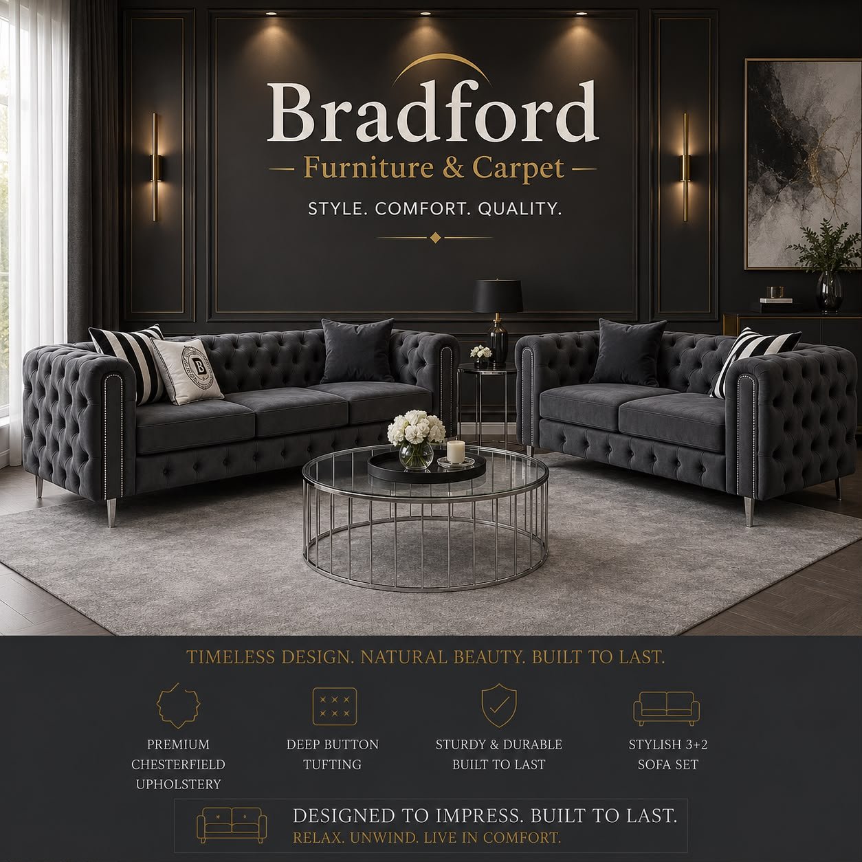 Square Chesterfield 3+2 Sofa in Charcoal Grey