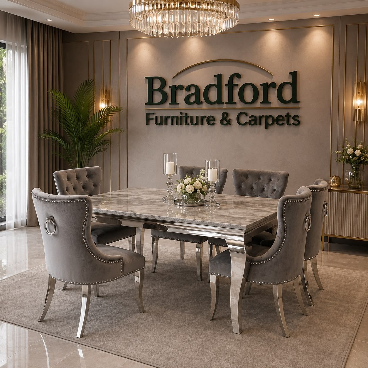 Louis Grey Marble Dining Table With Knocker Velvet Dining Chairs